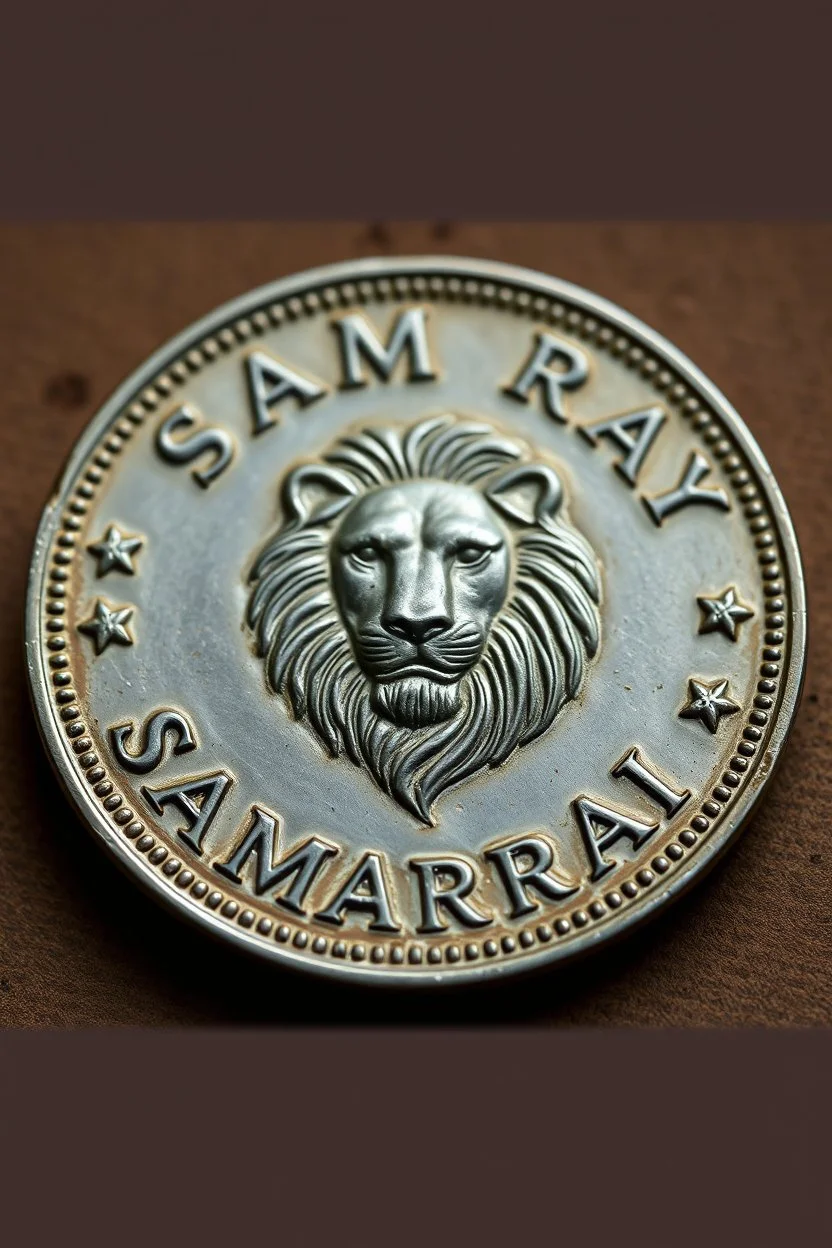 view of the word, Sam , Samarrrai , on a coin ,with picture of , a lion head in the middle of the coin