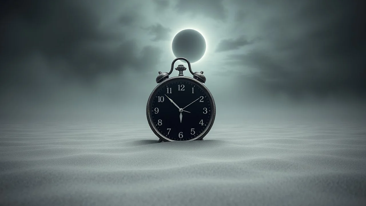 pale gray summer beach around cold gray subtle fog. one antique clock in sand above the frame showing exactly 12:00 midnigt, cracked and brockened sunglass in sand reflected the eclipse, on dark skya colossal black eclipse , endless cosmos, melting stars, the in universum is big abyss and the mirror one gate into the physical dimension into midnight, dark surreal vibe, crepy stunning weird space and mood, mixed media realistic photo with ink, mystic Abstract Reality, cinematic , widescreen, 16:9