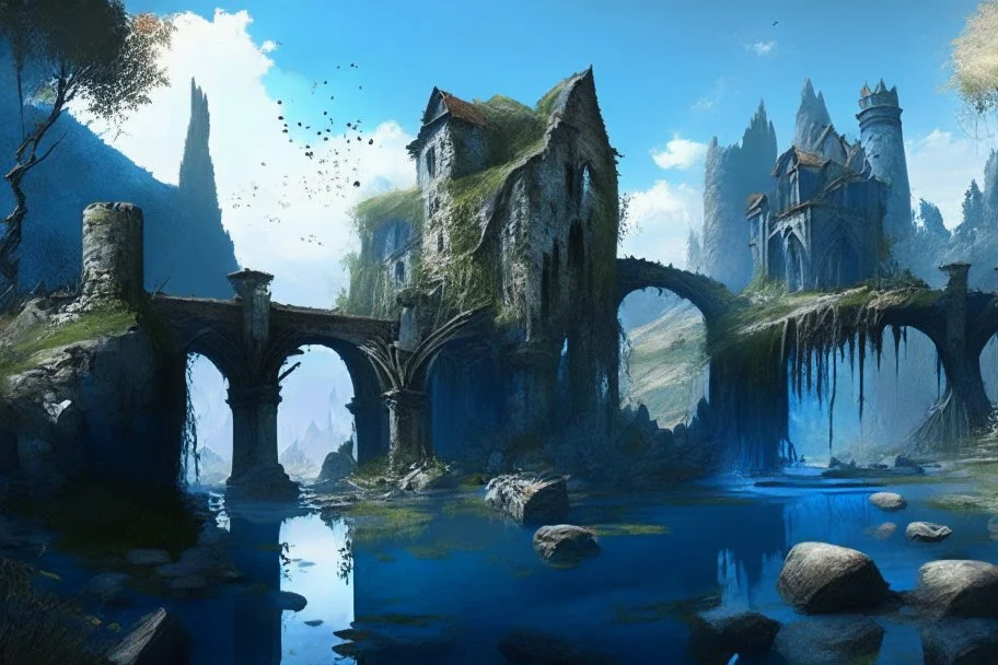 ruined gothic village with waterfall, bridges, trees, next to lake, rocks, with blue sky