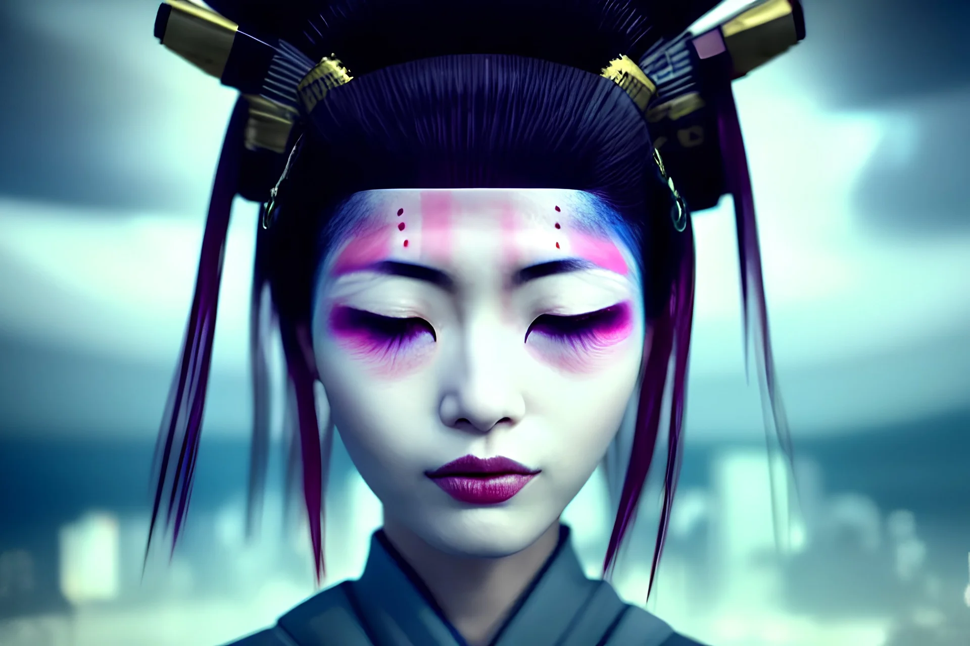 japan head portrait,geisha makeup, meditation, galaxy sky, 8k quality , portrait,beautiful ghost in the shell , post-apocalyptic in a sin city, realistic, intriacte detail, sci-fi fantasy style, volumetric lighting,24mm , particales,highly detailed,cinematic, deep purple , green eyes ., unity engine, bloom,cinematic lighting,blue tone, octane render,