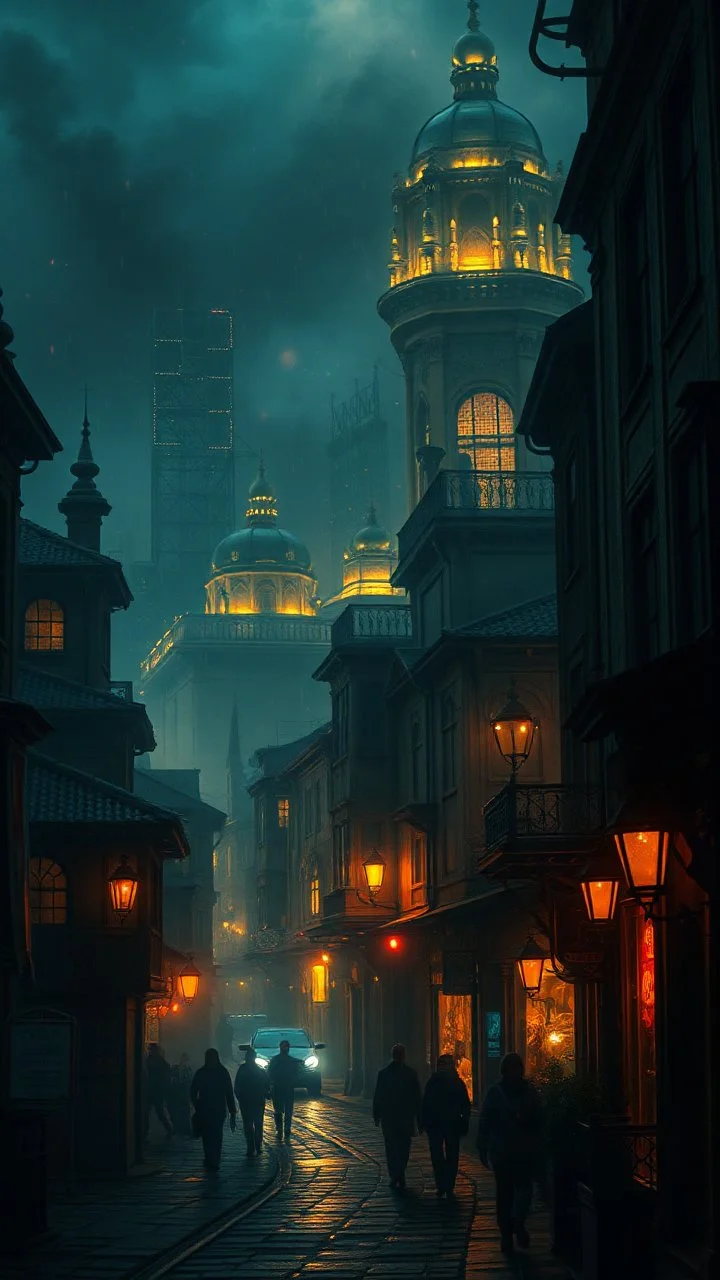 Si-Fi, The city under atmospheric lighting effects, intricate historical moody atmosphere, eerie grimdark ambiance, speculative fiction art. Bokeh