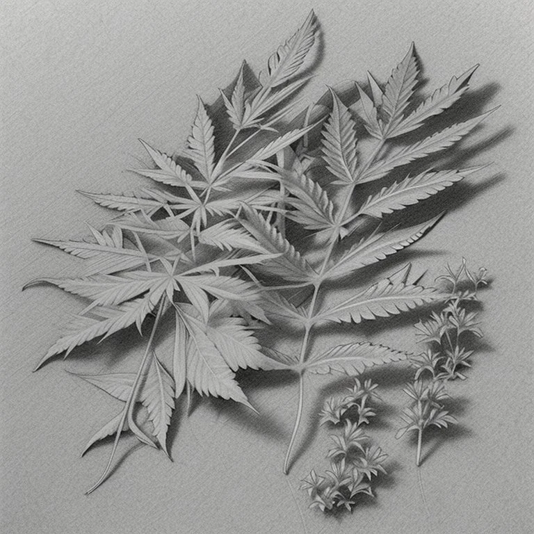 Sketch of pleasure and relaxation derived using elements like, weed leaves, soft textures, hazy, and gentle curves to evoke a sense of tranquillity and bliss. Pencil