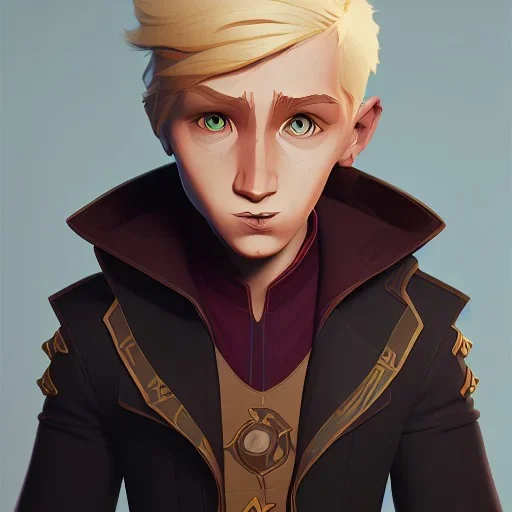 Portrait of a 9 year old warlock blond boy Jim Kay style