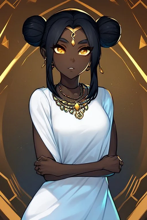 arcane animation series style, league of legends, Solo, 1girl, attractive teenager, african, dark skin, golden eyes, black hair, pair buns, forehead bangs colored in violet, necklace, earrings, modern makeup, (detailed skin texture), white oversize shirt