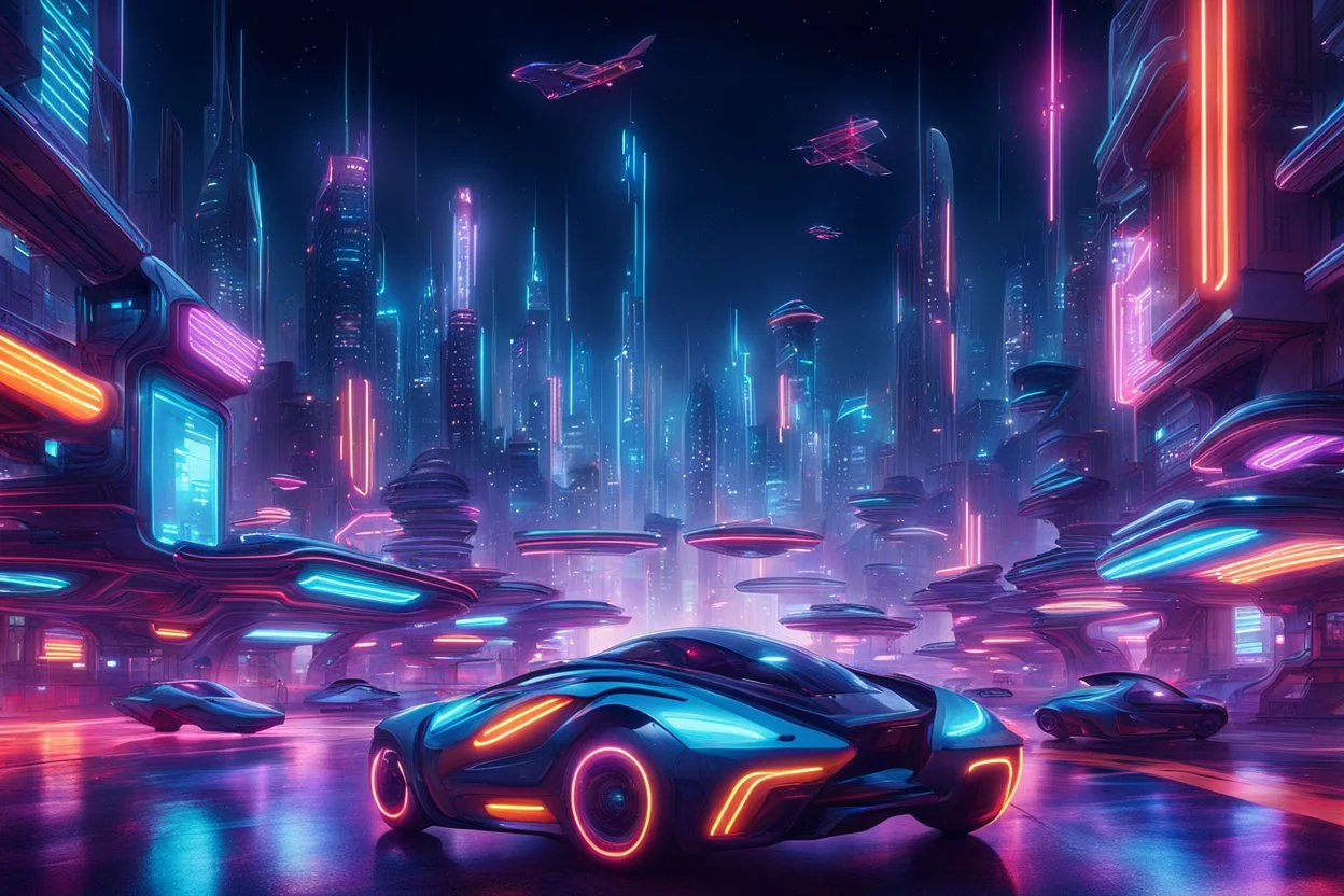 A futuristic cityscape at night with neon lights and flying cars.