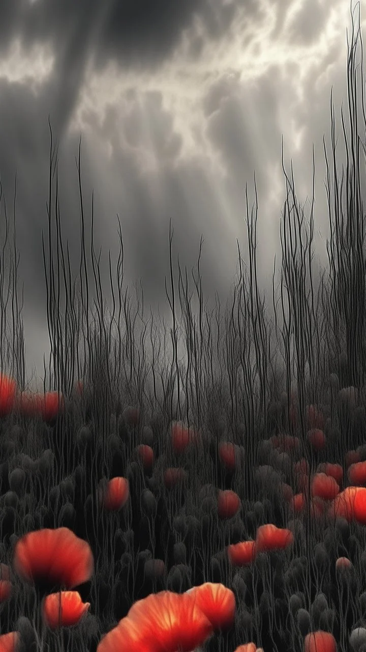 Bosch nightmares paining style Title:a field of poppies all colored in black and white, on red rose standing in the middle , 8k artistic photography, photorealistic concept art, soft natural volumetric cinematic perfect light, chiaroscuro, award-winning photograph, masterpiece, oil on canvas, Raphael, Caravaggio, Greg Rutkowski, people, beksinski, Giger