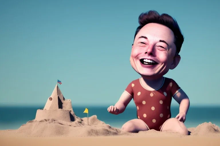 Elon musk as a Happy baby building a rocket-shaped sandcastle on the beach. He is wearing a polkadot swimsuit