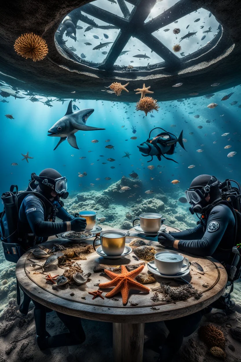 2 divers in full gear sitting at a round table having tea, the table is on the bottom of the in the dried out sea, around them are shattered dead fish, dead starfish, ship reck, 8 k realistic