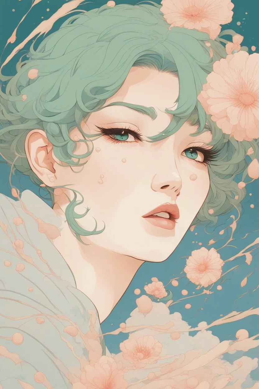 wind blowing from below, portrait of beautiful crying woman with short green hair, droplets, tears flowing up, loose lines, flowers, smoke, pastel orange and pastel blue, sense of liberation, concept art, art by james jean, takato yamamoto, 4k, concept art, illustrative