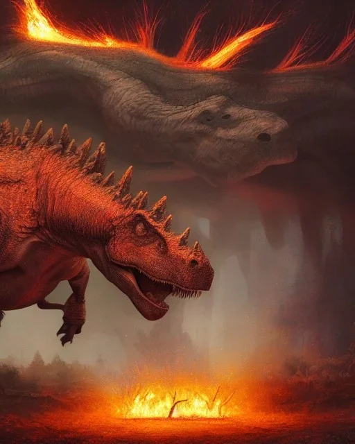 Movie poster, (dinosaurs), fire, active volcano, ash, forest, dynamic lighting, dynamic movement, panorama, wide-angled lense, DSLR, dramatic, 8k resolution concept art hyperdetailed cyberpunk dystopian 8k resolution holographic astral cosmic illustration mixed media by Pablo Amaringo, t-rex, stegosaurus, triceratops, allosaurus