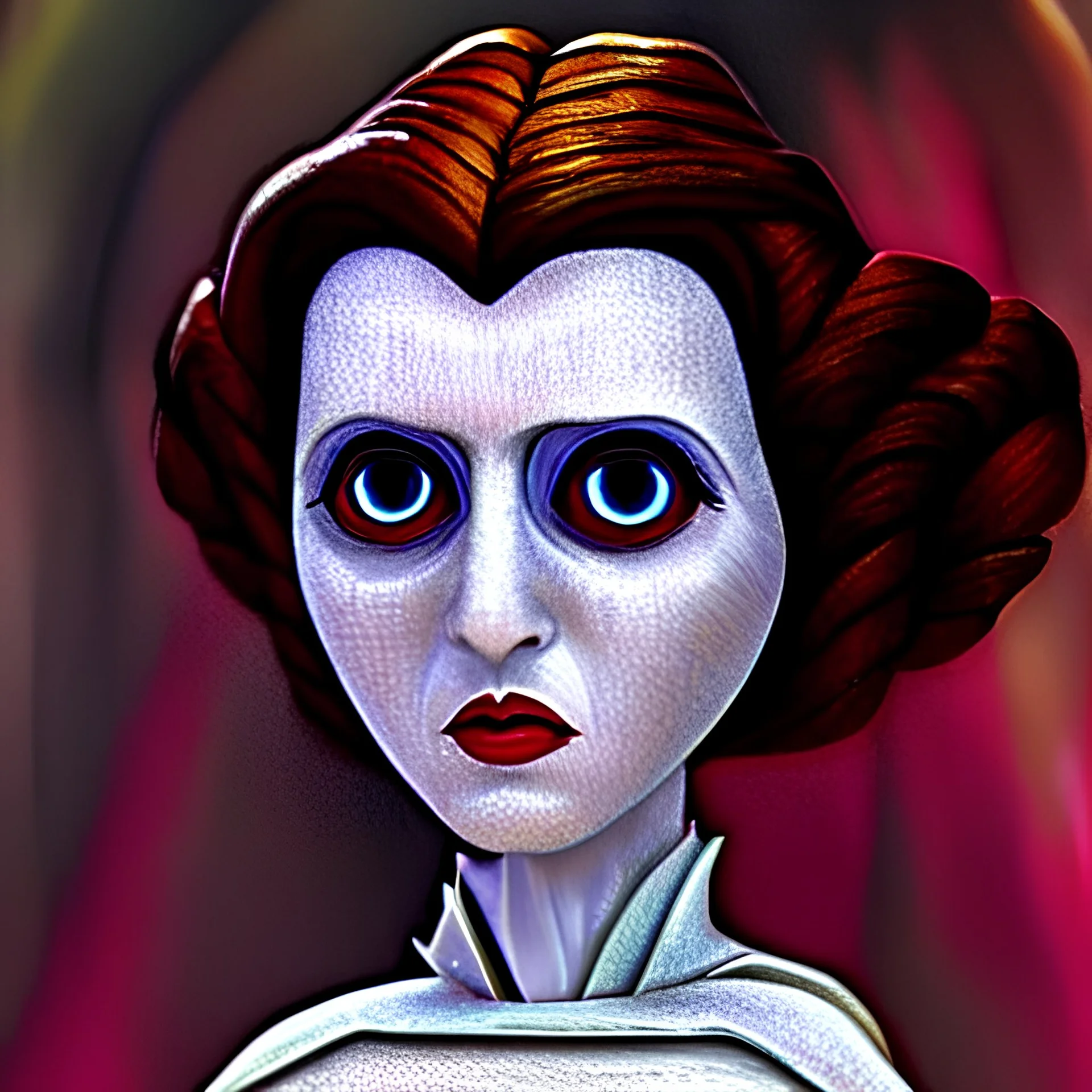 extrem tim burton style of princess leia, sharp focus,3D, ultra detailed