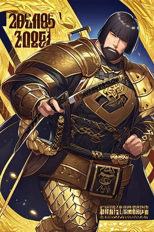 A handsome 30 year old man, black hair, male bob haircut, in black-and-gold plate armor, golden katana in both hands