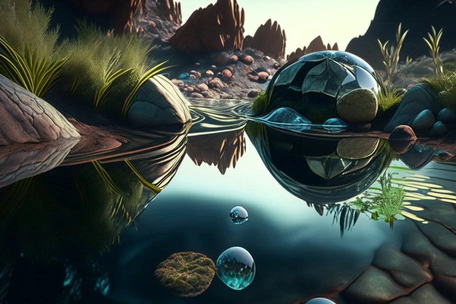 exoplanet, water reflection, rocks, vegetation, photography, hyperrealism, hd.