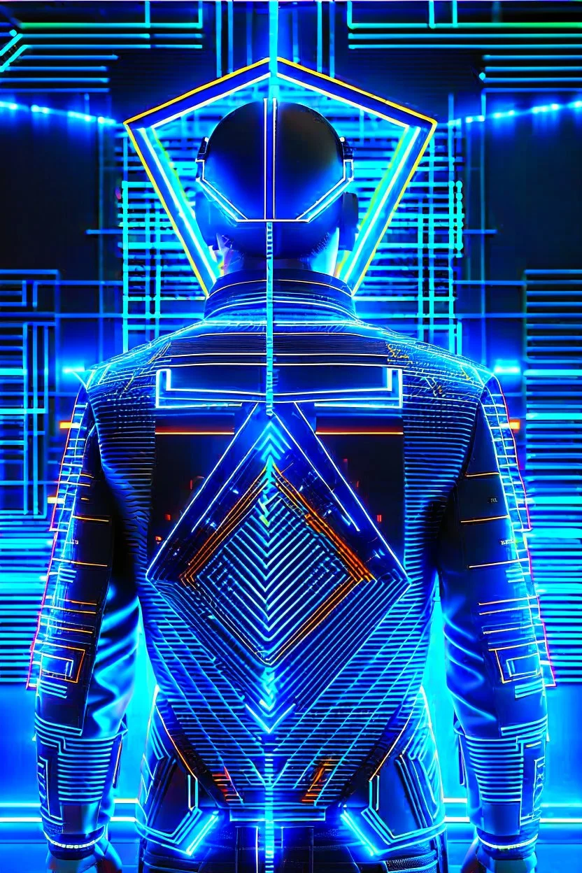 cyberpunk, neon blue, triangle of light behind the back, cyber suit, geometric patterns on a suit, male