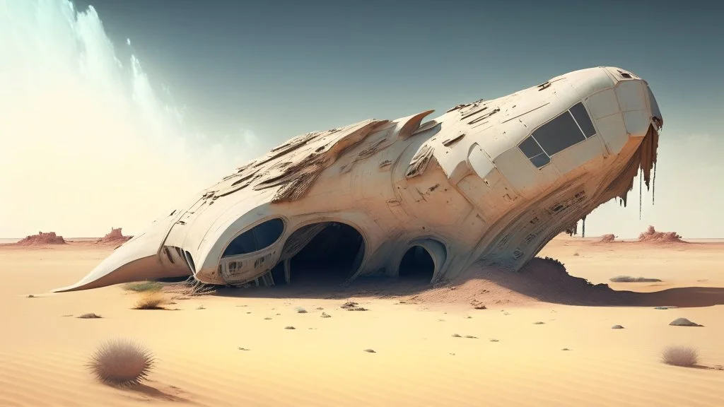 sleek spaceship, in a desert, ruined buildings