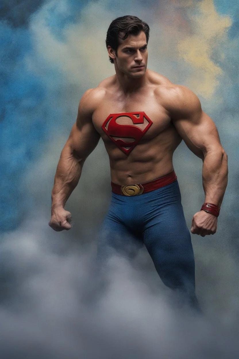 Superman, Christopher Reeve/Henry Cavill/David Corenswet Superman, extremely huge, overexaggerated muscles, posing and flexing in a front of the camera, random extreme action poses, an extremely colorful, multicolored foggy blue marble wall in the background with a colorful marble tile floor, multicolored lightning, realism engine,