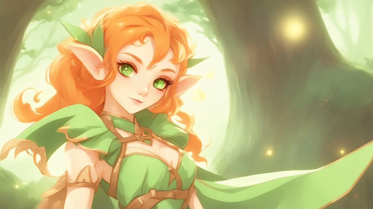 Cute Elf with orange hair and glowing green eyes She wears a light green dress