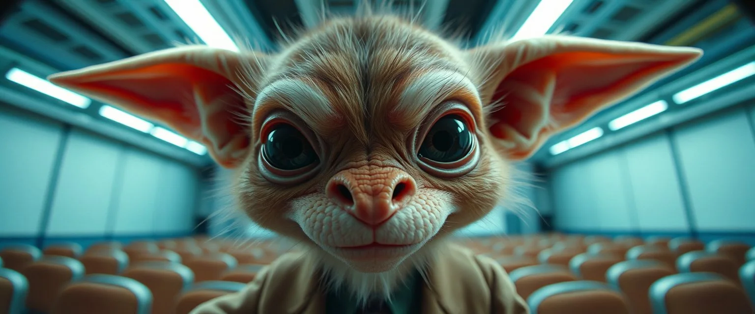 extreme close up on cheeky fluffy weasel goblin news anchor elf family scumbag in the style of Escher and Giger and Fallout 4, pinhole cam, airbrush 3d rendering, on tv screen:A five-second cinematic single take in a clean industrial presentation hall.