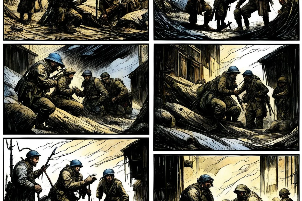 Masterpiece1:5)(Fineart), (award-winning:1.5), highest quality, war journalism, ink and colored pencil sketch of photocollage (by Gustave Doré, Jan Saudek:1.5),(Eastern Ukraine:(panel one:the moment after a battle ends, horrors of war, wounded men),(2nd panel, cinematic shot of men sitting in trench with 1000 yard stare (focus on their eyes:1.5)),(the third panel shows troops tired but hyper alert), (the fourth panel shows the sky is filled with incessant, fire and smoke everywhere,)