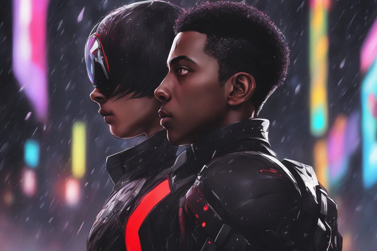 Miles morales in 8k nier automata drawing style, Carrying them, cinematic mood, neon effect, close picture, rain, highly detailed, high details, detailed portrait, masterpiece,ultra detailed, ultra quality