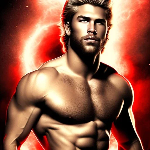 Ignore NSFW, teenager young rugged attractive slightly muscular fantasticly handsome blonde man, red briefs with yellow belt, hairy chest, (((visibly pisssing))) briefs, large erect visible boner peniss, photorealistic, artist Jay Anacleto, soft lighting, scruffy beard