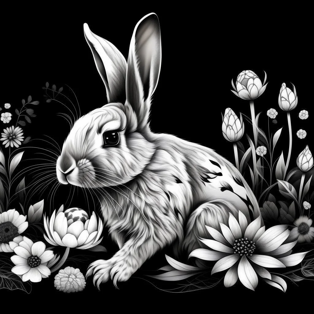 a beautiful rabbit between clear seeds and big flowers black background .black and white colors. for coloring . with grayscale