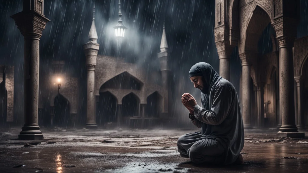 Hyper Realistic Adult-Muslim Guy Crying & Praying-Namaz with-lean-body-language outside an old abandoned dark mosque at dark heavy rainy night showing dramatic & cinematic ambiance.