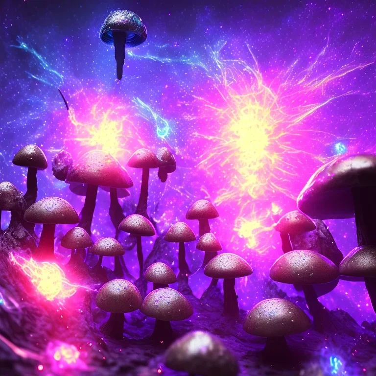 Spherical Frost metal magic armoured lightning Mycelium MUSHROOMS stars galaxy SPACE lANDSCAPE BURNING IN BLUE FLAMES hellfire abyss math chaos pink blob