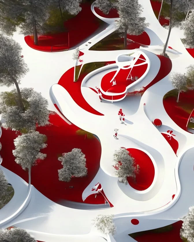 Vista aérea completa Parque infantil juegos columpios estilo Zaha Hadid obra de arte digital detallada color blanco crema y rojo imperial impactante árboles niños personas foto realista arte Bauhoaus iluminación cinematografica 4k