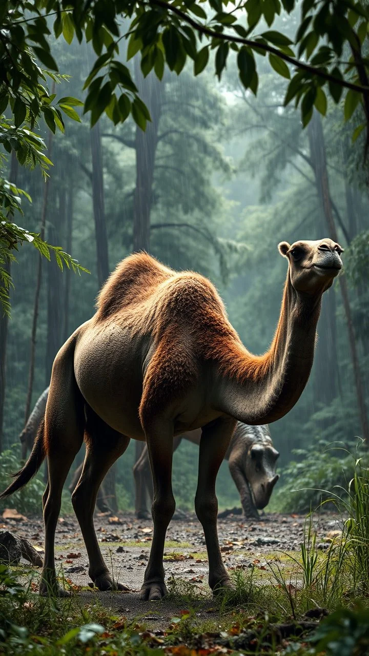 A camel standing in front of a dinosaur eating grass from the ground in a dramatic scene in a dense forest with A FIR BRUNCH under the rain. A camle The background should feature raindrops falling around the leaves.
