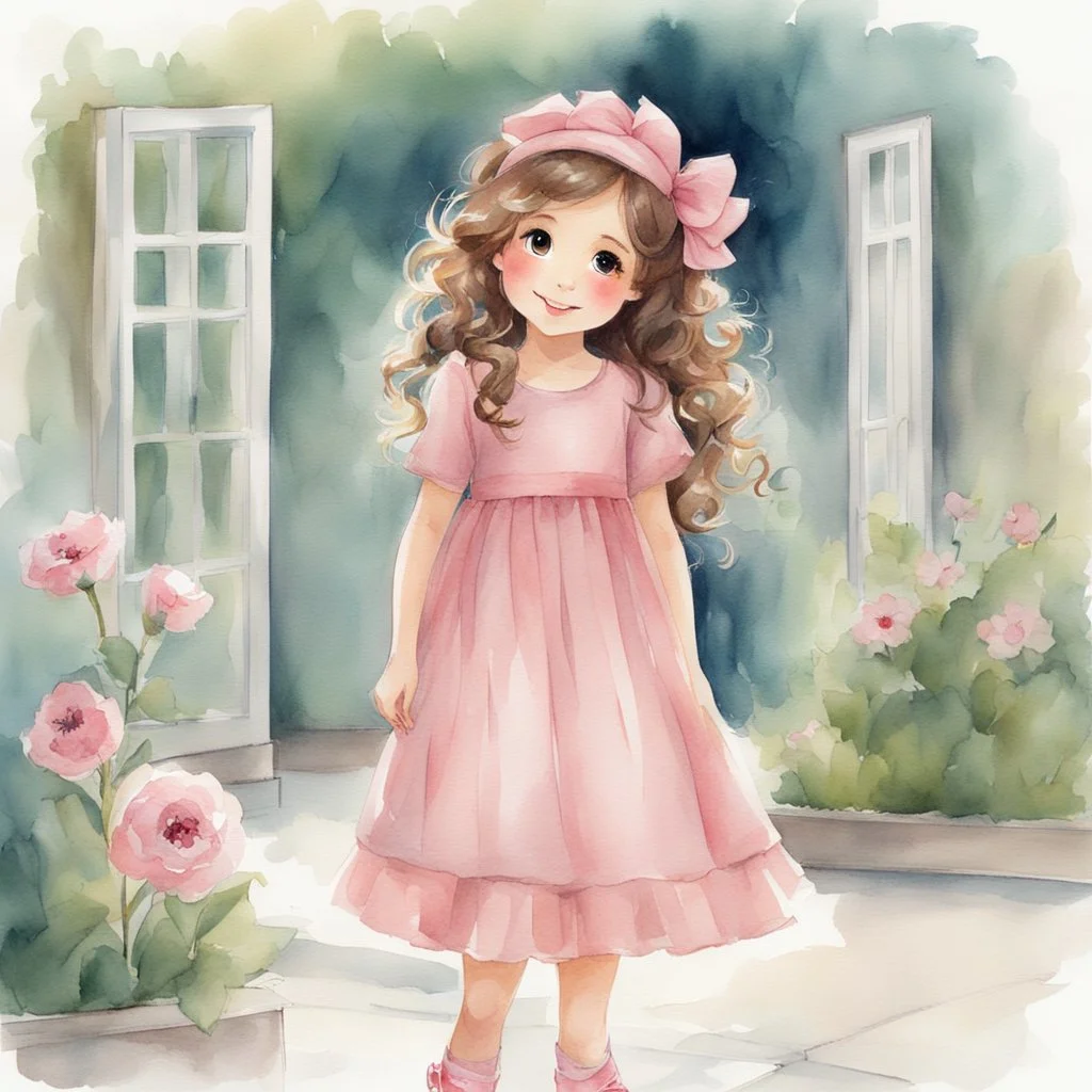 watercolor, full body, cute smile girl, curly hair, big eyes, long brown hair, pink dress, pink shoes