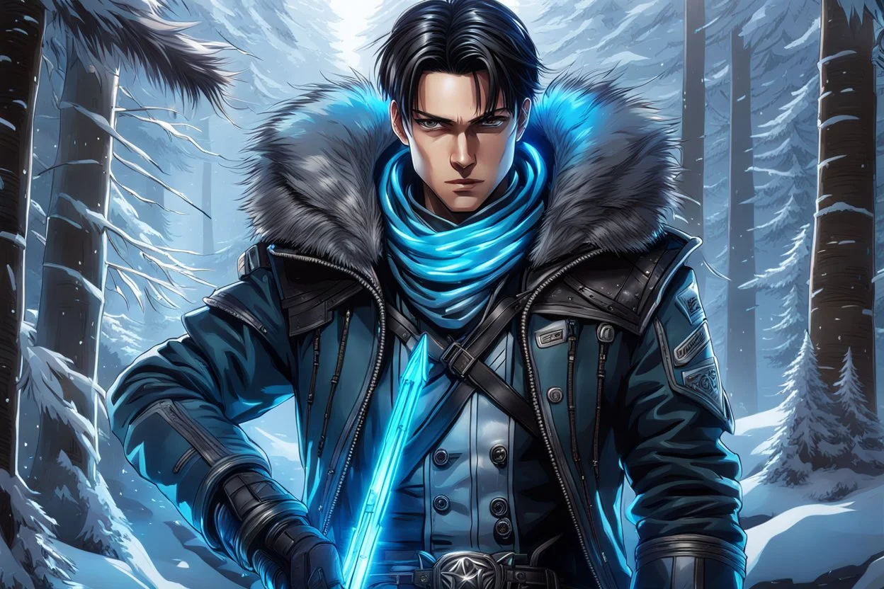 Levi in 8k sci-art drawing style, levi custom, neon, ice forest, highly detailed, high details, detailed portrait, masterpiece,ultra detailed, ultra quality