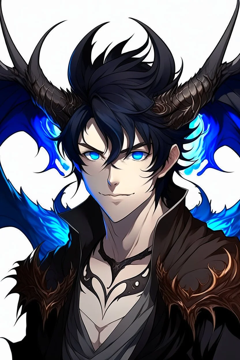 An anime adult male demon with dark, messy, black hair, black horns, and bright blue eyes, large dragon like wings