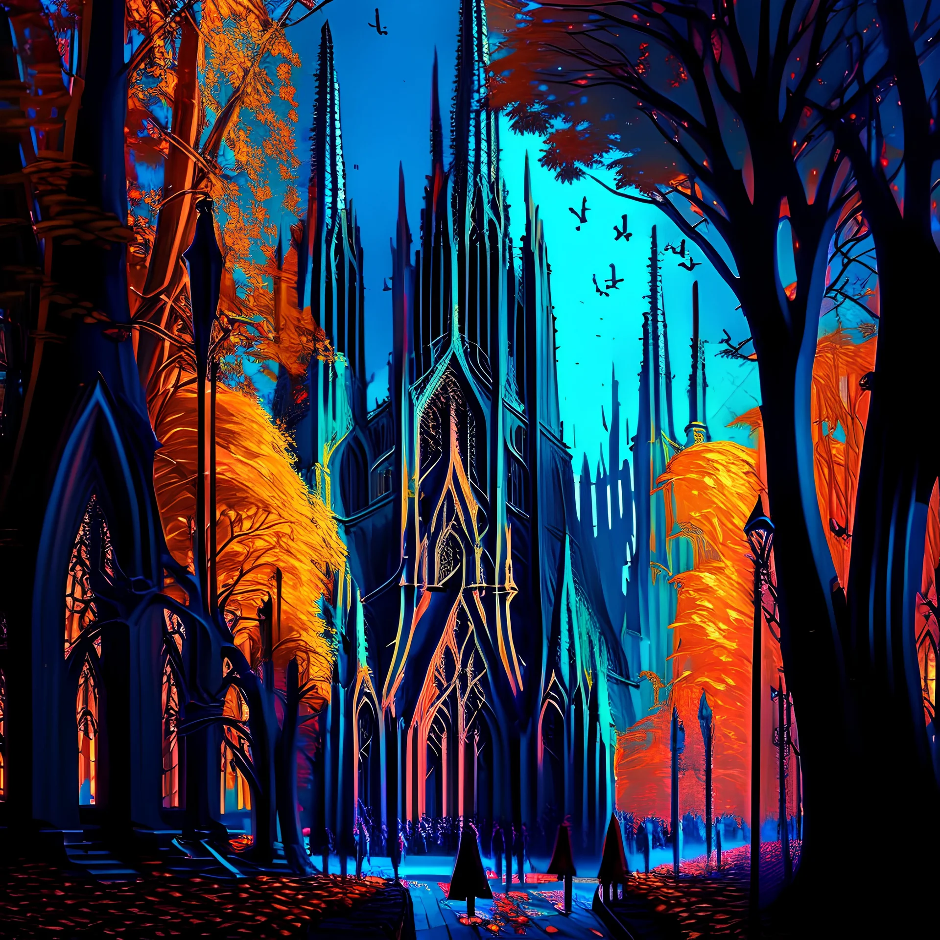 Gothic city cathedral gothic hyper-detailed digital art people 8k trees complementary colors autumn