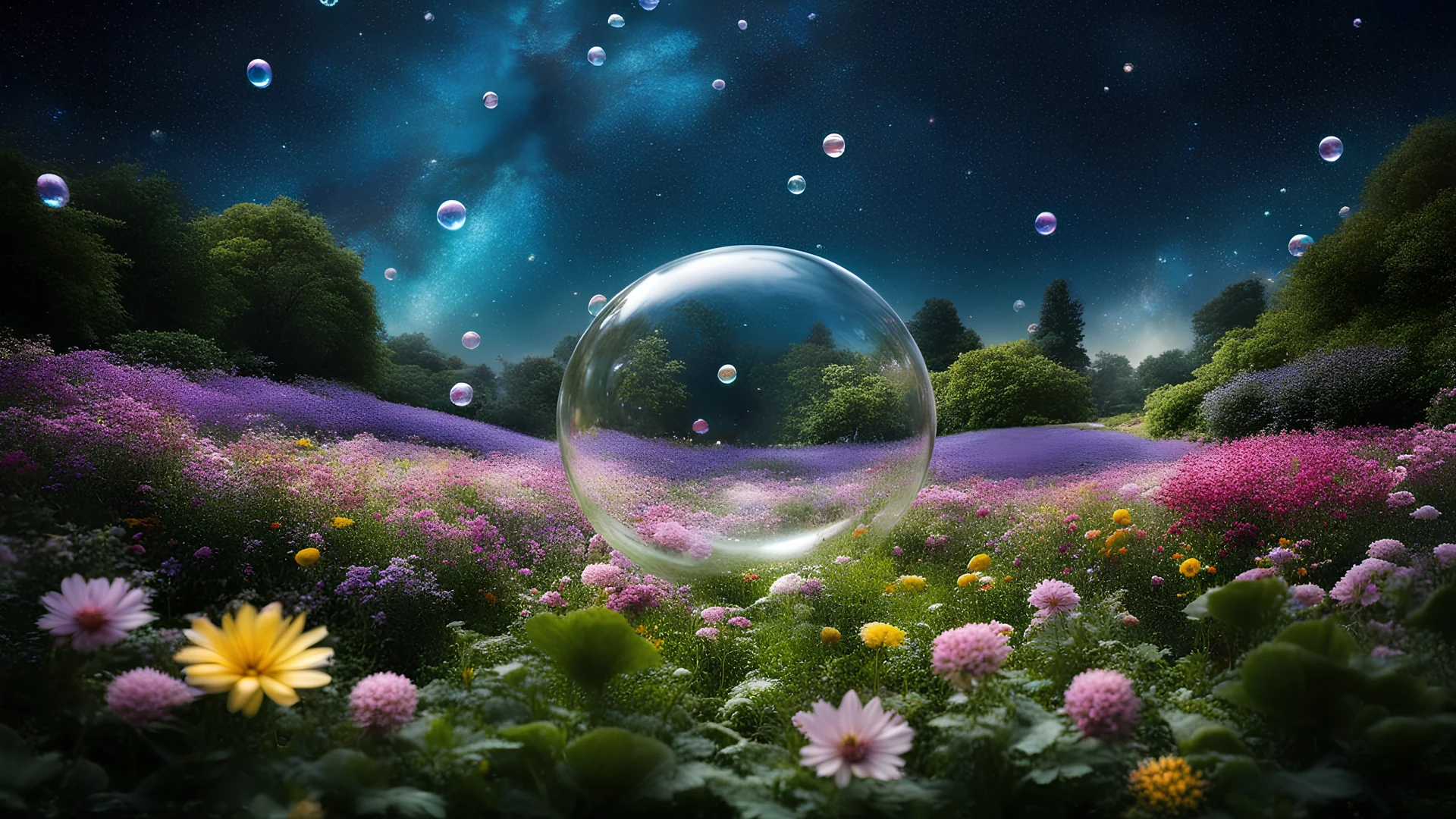 A luscious garden floating in space, where flowers are made of stardust and their petals glow with the colours of distant galaxies. Giant, transparent bubbles hover above, containing miniature gardens thriving in weightlessness. Beautiful award-winning photograph, 80mm focal length, rule of thirds.. Award-winning photograph, 80mm focal length, chiaroscuro