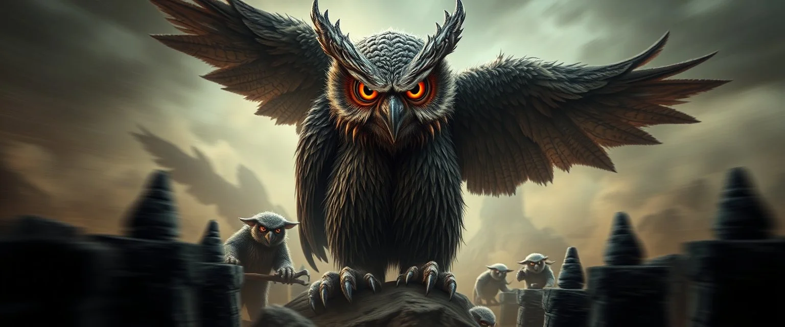 bad ass Owlbears overlord with some kobolds, hyperrealism, motion blur background with black stone posts as frame