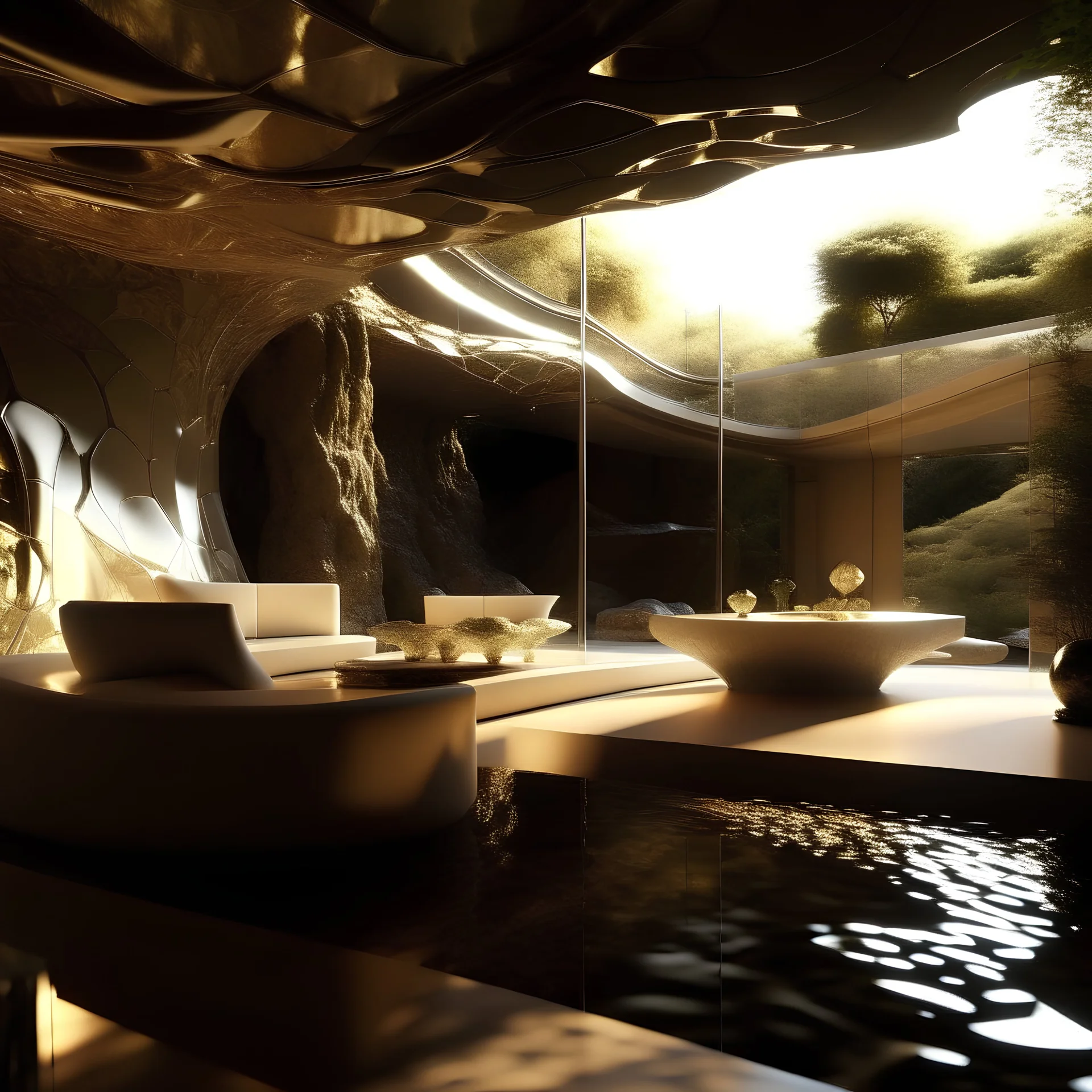 A close-up of a cave villa fully furnished with cream furniture The translucent within the fractal glows with a captivating mesmerizing dance of recursion. The sunset glow casts an otherworldly upon the sleek black chocolate glazed surface, creating an enchanting and surreal visual spectacle.