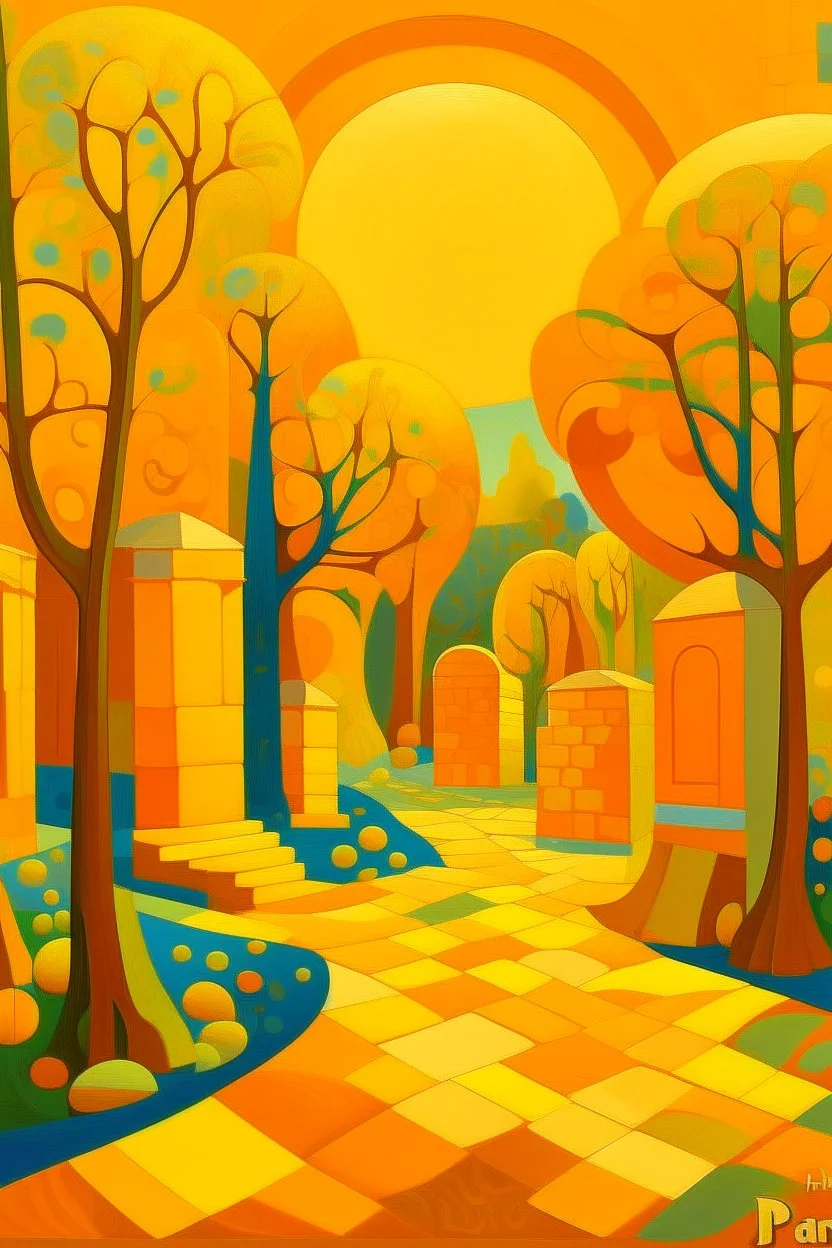 A yellowish orange colored blocky park with magnets painted by Paul Ranson