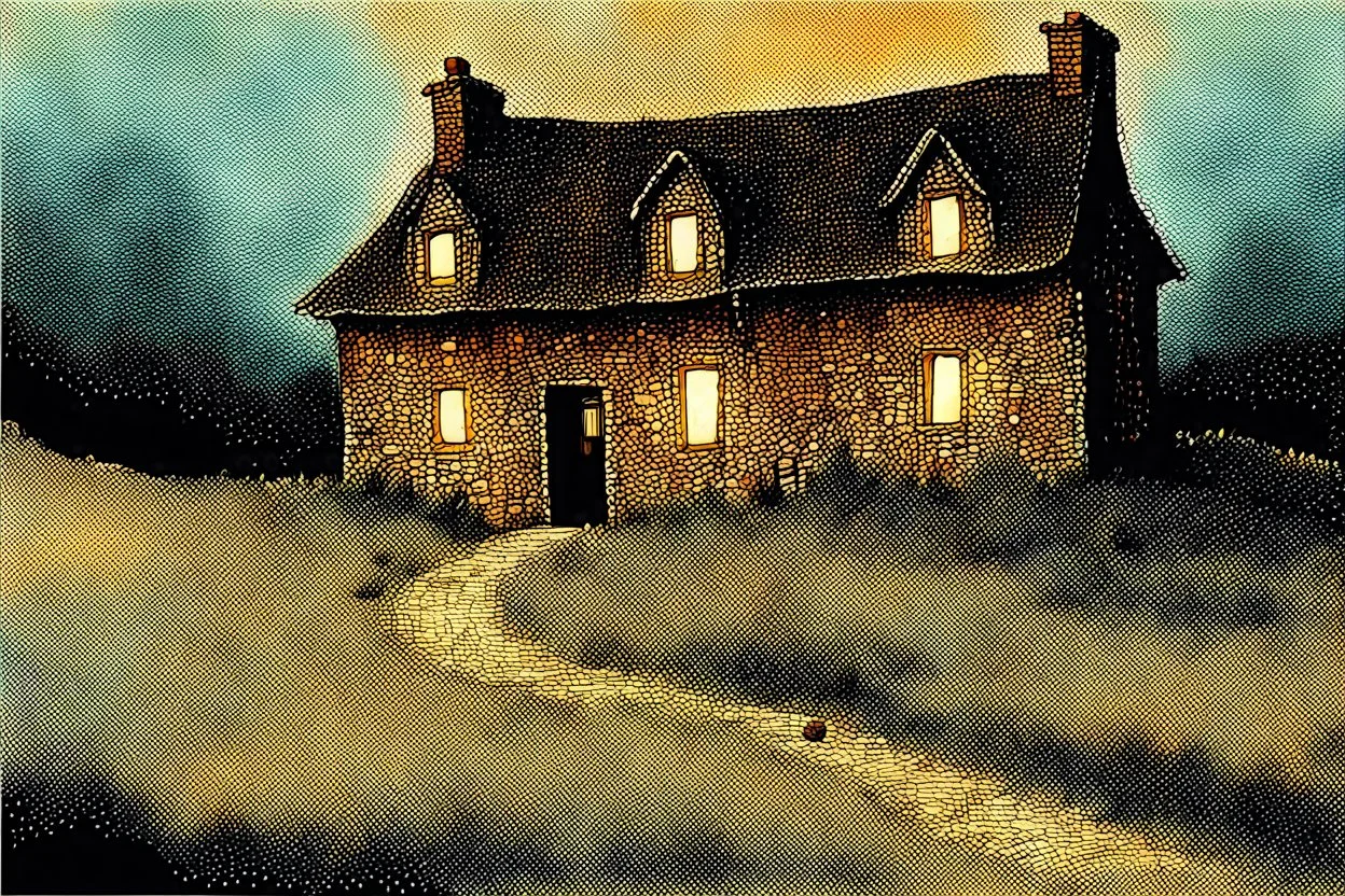 lone old stone cottage with lights on, by Frozen apocalypse " a patchwork art by Jamie heiden, peter doig, Renoir, pol Ledent, endre penovac, Gustave Loiseau, Arthur Rackham, Doug Chinnery, Maud Lewis. inlay, watercolors and ink, beautiful, fantastic view, extremely detailed, intricate, best quality, highest definition, rich colours. intricate beautiful dynamic lighting award winning fantastic view ultra detailed 4K 3D high definition hdr elegant intricate beautiful award winning fantastic view