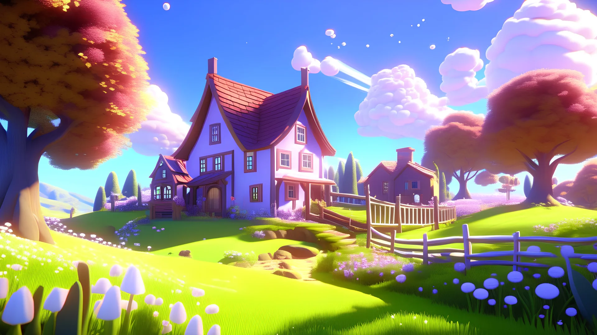 A simple and cute environment concept art of a small farm surrounded by nature, the farm has fantasy colours, cute fences,, crops, trees, bubbles, flowers, butterflies, fields, soft and simple, rendered in unreal engine, soft pastel colours, hues, blue, pink, purple, intriguing, peaceful and serene, 3D indie studio