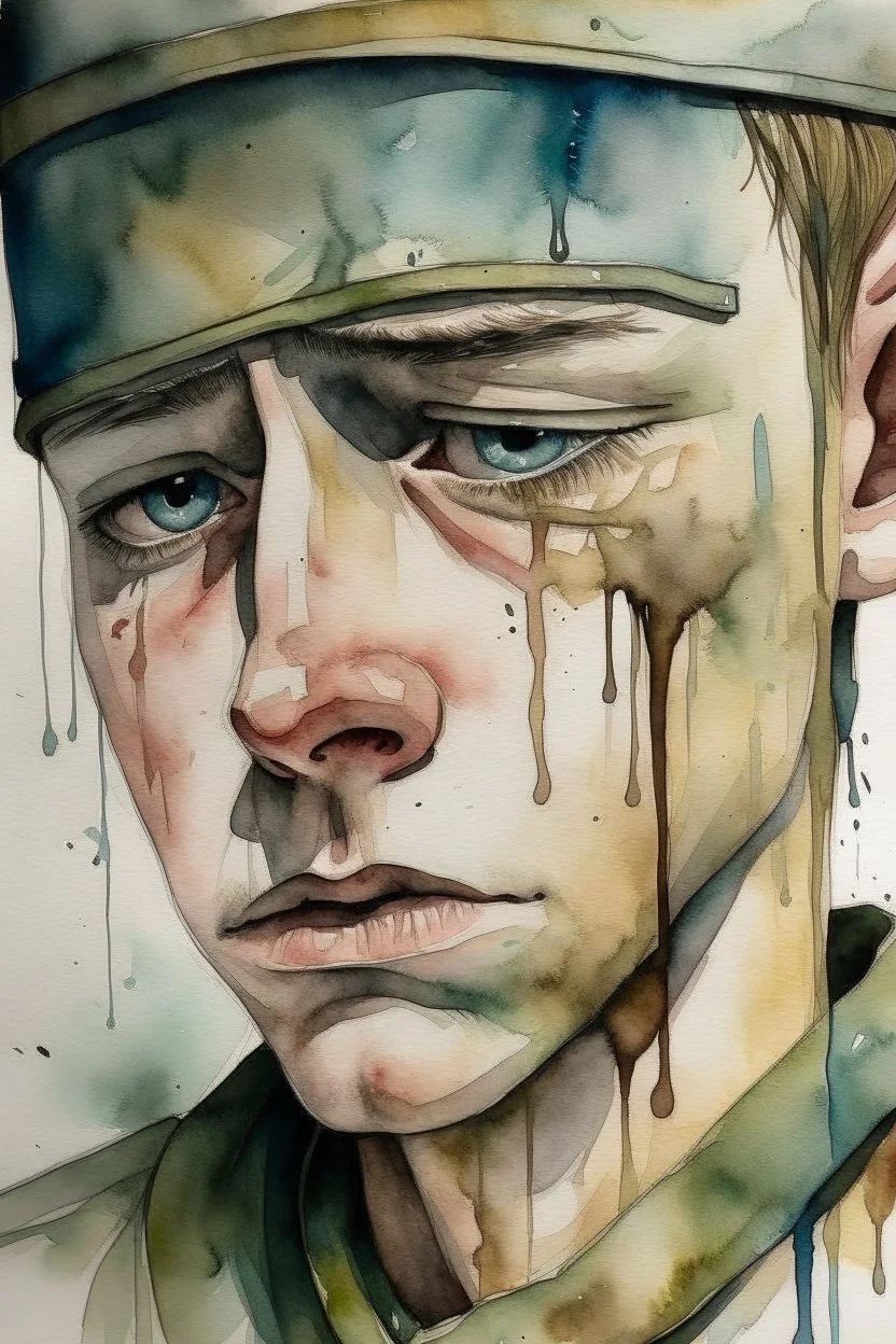 Watercolored crying soldier
