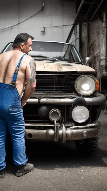 close up photography of a strong serious 50 years old chubby italian car mechanics man in dirty overalls and tank top, repairing a car, stand up near a car, tattoo, bulge, short beard, in a dirty street, dirty and ugly, bullneck, manly chest, in tank top, emotive eyes, sunlight, photorealism , ultra defined , photorealistic