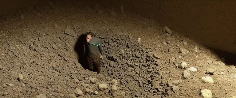 character in semi-darkness, on the scree cone of an underground room dimly lit by daylight coming from a well located forty meters above.