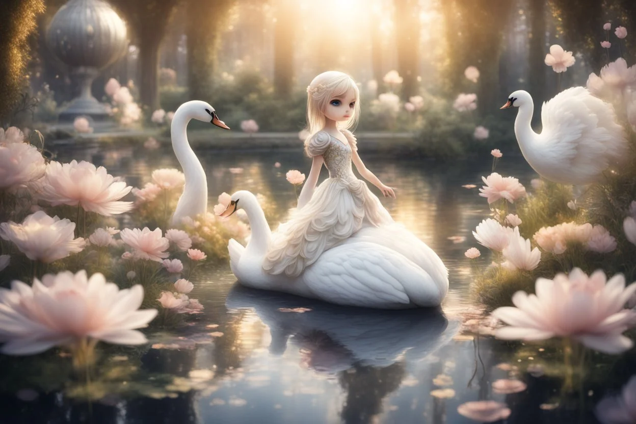 beautiful swan and cute chibi princess in a flowergarden with beautiful flowers, pond, in sunshine, H.R. Giger, anime, steampunk, surreal, watercolor and black in outlines, golden glitter, ethereal, cinematic postprocessing, bokeh, dof