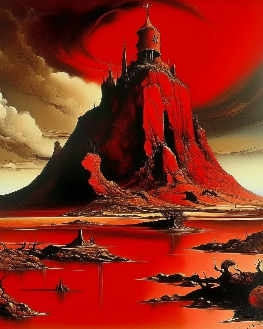 A dark red volcanic fortress painted by Salvador Dali