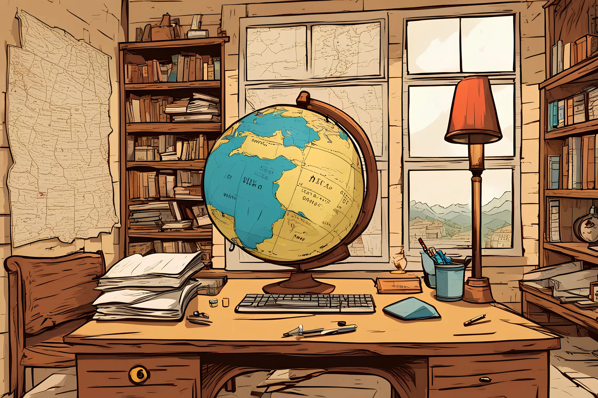 office, work desk, map globe, village house, old room, minimal, letters, digital painting, vector, illustration, politics, 1900 AD, old, colora, cartoon