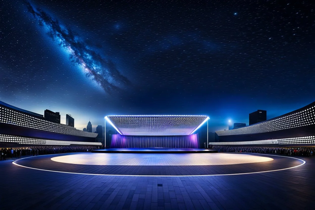 a big open empty wide disko stage in modern city in a very big square in midnight , at distance,night sky ,stars