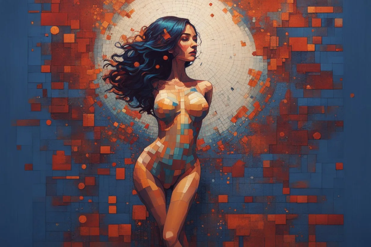 beautiful brunette sensual woman in a body suit, vibrant deep colors abstract minimalism impasto oil atey ghailan Andy Kehoe Jean Baptiste Monge Nagasawa Rosetsu Arthur Adams Hokusai style math art platinum dots concrete art burgundy deep blue golden foil wiring diagram made of dot squares wood stone chopped metal by Norman Rockwell Anton Fadeev krenz cushart disco club deep lighting neon ambience rich light, sequins, glitters, crystal dust, glowing effect rim light, inner glow, volumetric light