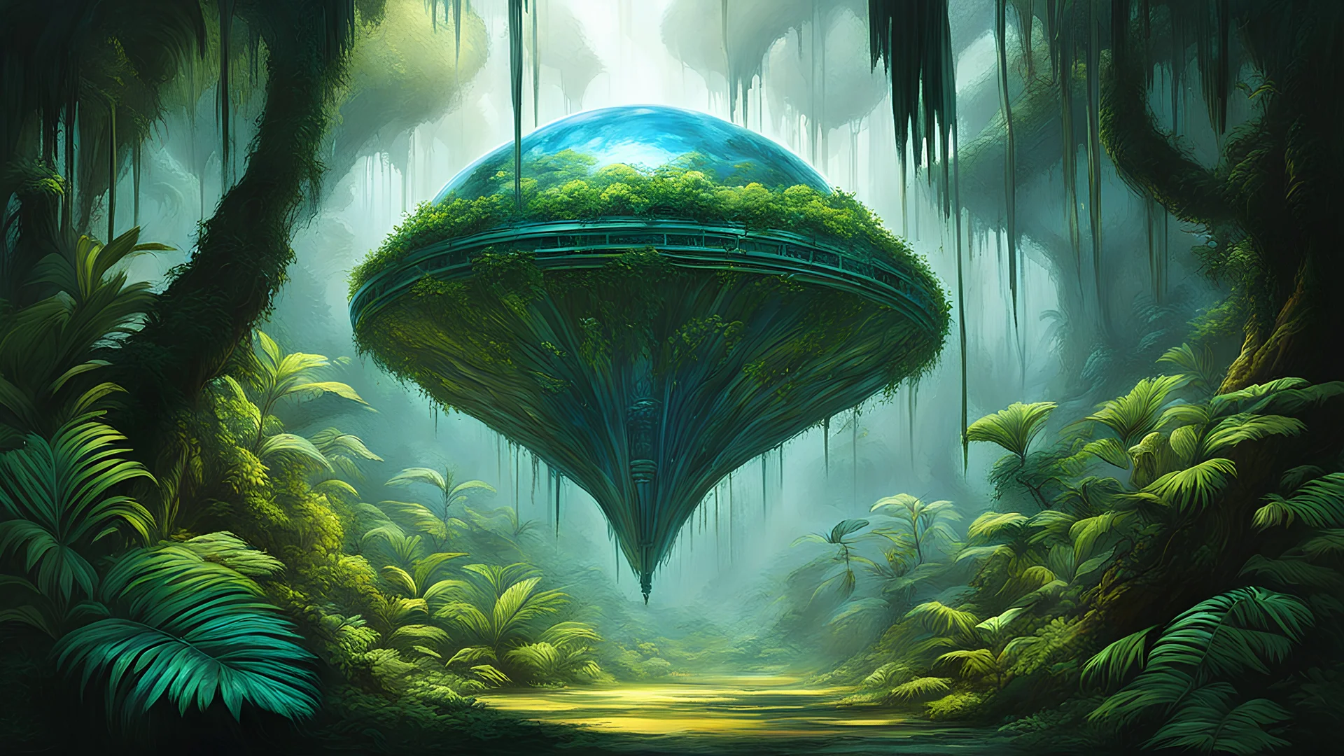 acrylic illustration, acrylic paint, oily sketch, ultra-fine digital painting of a Shape-shifting entity adapting to environments in a Jungle planet with levitating flora, cyberpunkai, super detail, ultra-realism, Volumetric lighting