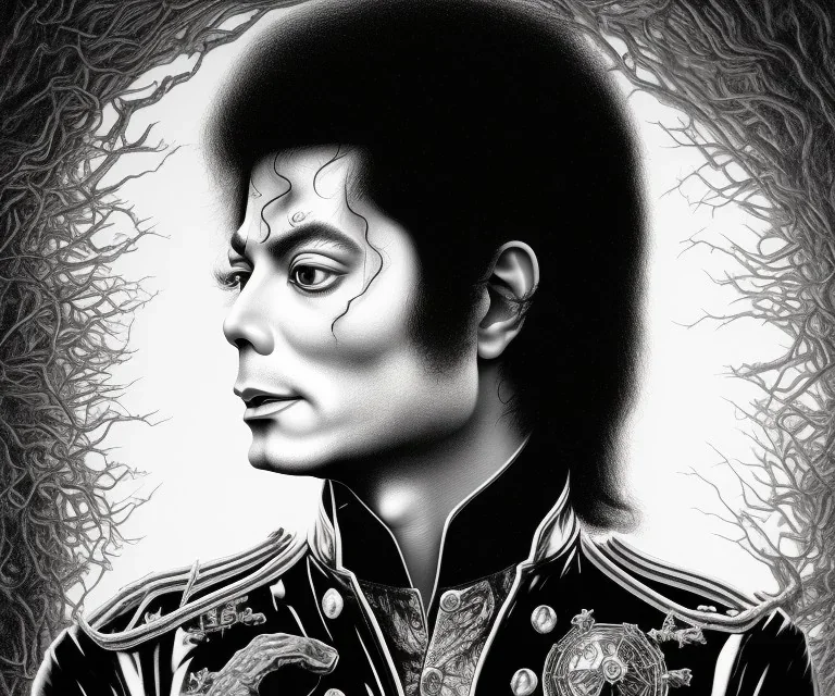 Michael Jackson in the bitcoin brain, Fire theme art, Dark moody night atmosphere, 8K, close-up face, anatomically perfect face, oak tree roots, ignore NSFW